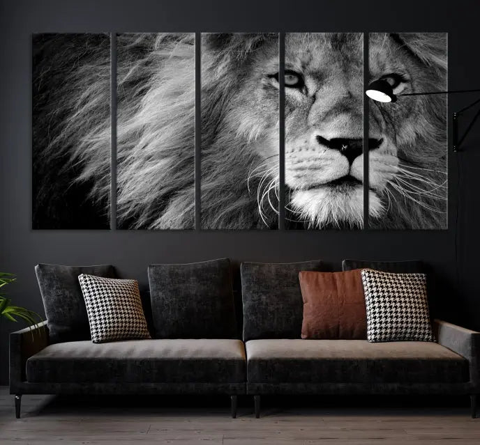 The Black and White Lion Canvas Wall Art Print, a hand-assembled triptych featuring the majestic face of a lion, hangs above. These stunning canvas prints come with free shipping.