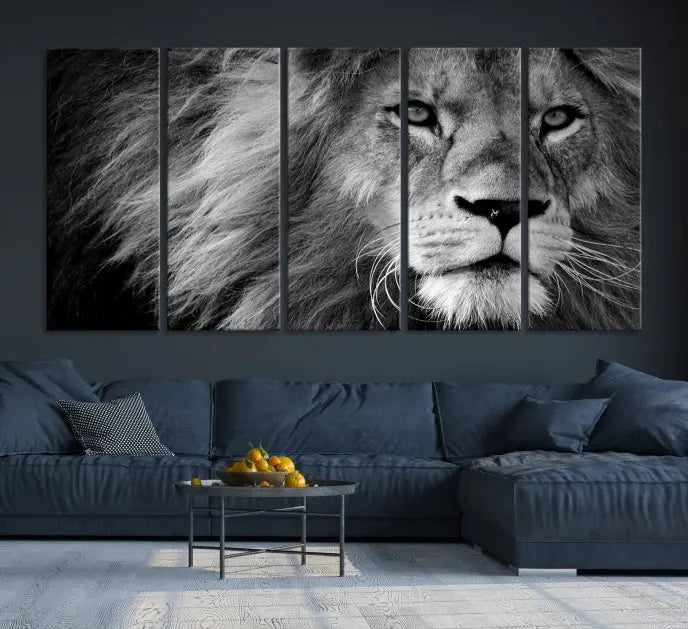 The Black and White Lion Canvas Wall Art Print, a hand-assembled triptych featuring the majestic face of a lion, hangs above. These stunning canvas prints come with free shipping.