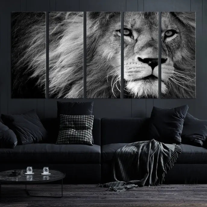 The Black and White Lion Canvas Wall Art Print, a hand-assembled triptych featuring the majestic face of a lion, hangs above. These stunning canvas prints come with free shipping.