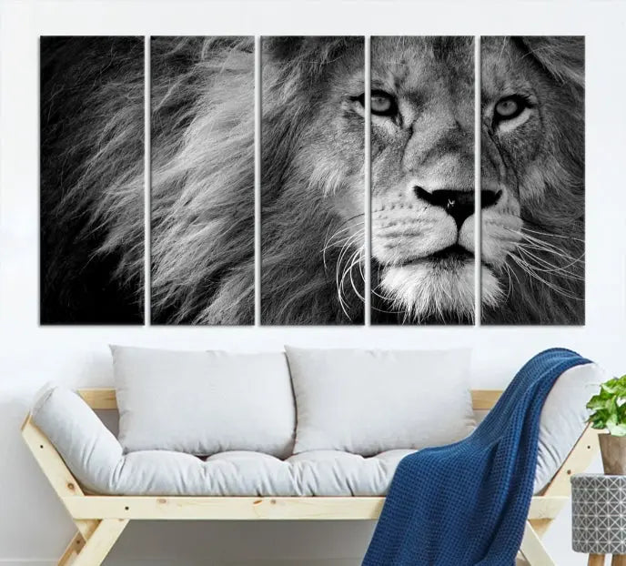 The Black and White Lion Canvas Wall Art Print, a hand-assembled triptych featuring the majestic face of a lion, hangs above. These stunning canvas prints come with free shipping.