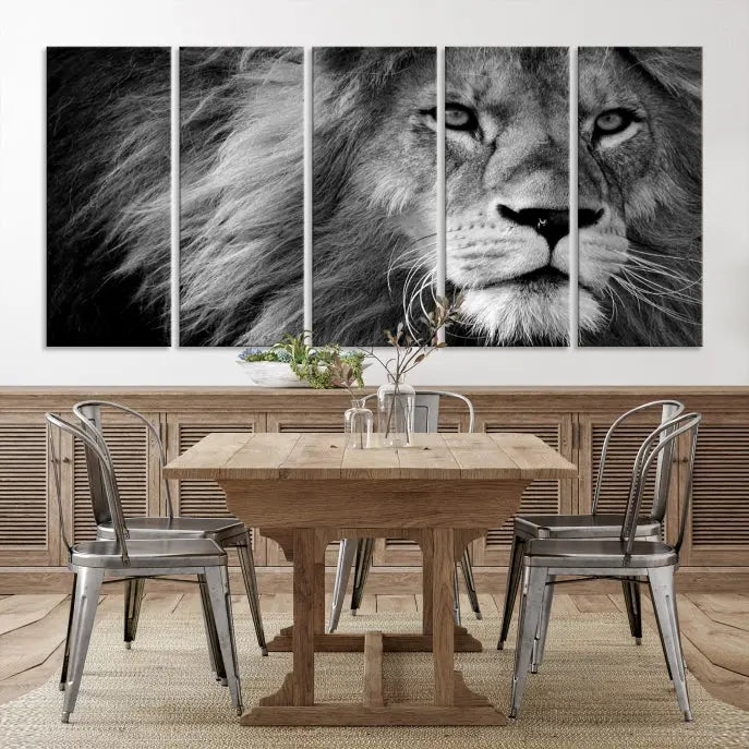 The Black and White Lion Canvas Wall Art Print, a hand-assembled triptych featuring the majestic face of a lion, hangs above. These stunning canvas prints come with free shipping.