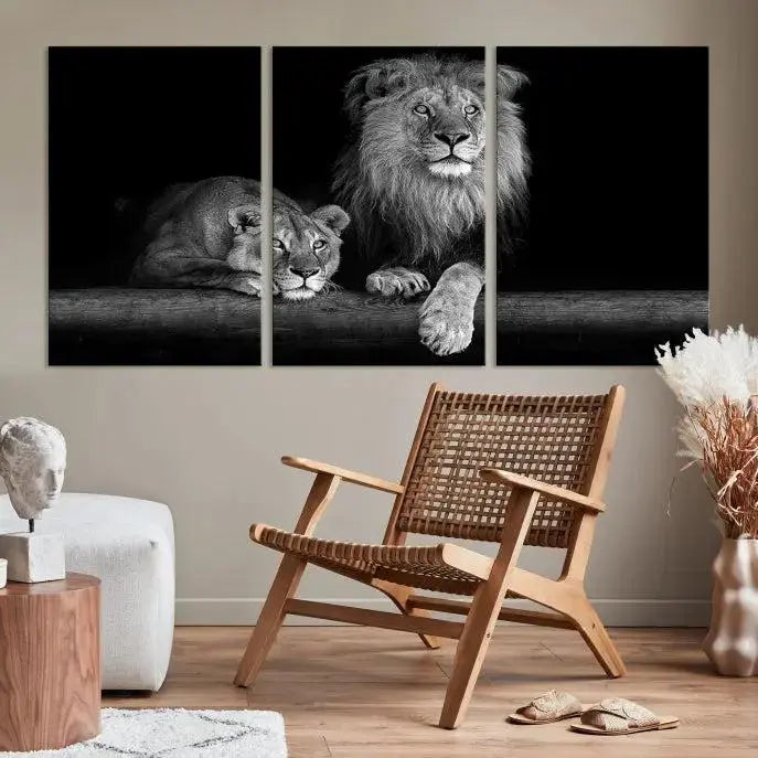 A triptych of the Black and White Lion Couple Wall Art Canvas Print hangs elegantly, showcasing museum-quality, hand-assembled framed art pieces. Enjoy free shipping on this stunning artwork.