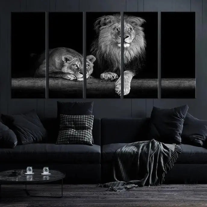 A triptych of the Black and White Lion Couple Wall Art Canvas Print hangs elegantly, showcasing museum-quality, hand-assembled framed art pieces. Enjoy free shipping on this stunning artwork.