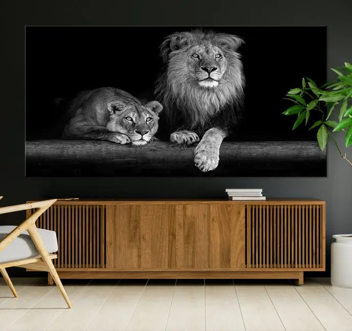 A triptych of the Black and White Lion Couple Wall Art Canvas Print hangs elegantly, showcasing museum-quality, hand-assembled framed art pieces. Enjoy free shipping on this stunning artwork.