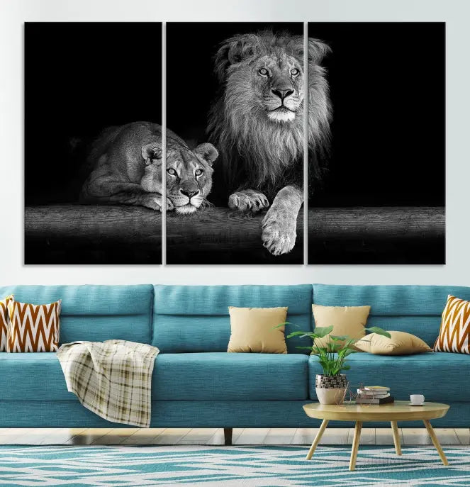 A triptych of the Black and White Lion Couple Wall Art Canvas Print hangs elegantly, showcasing museum-quality, hand-assembled framed art pieces. Enjoy free shipping on this stunning artwork.