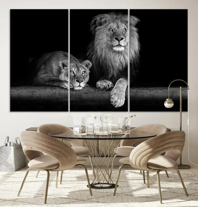 A triptych of the Black and White Lion Couple Wall Art Canvas Print hangs elegantly, showcasing museum-quality, hand-assembled framed art pieces. Enjoy free shipping on this stunning artwork.