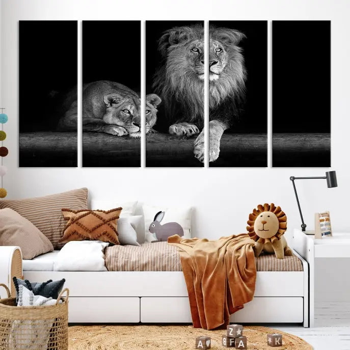 A triptych of the Black and White Lion Couple Wall Art Canvas Print hangs elegantly, showcasing museum-quality, hand-assembled framed art pieces. Enjoy free shipping on this stunning artwork.