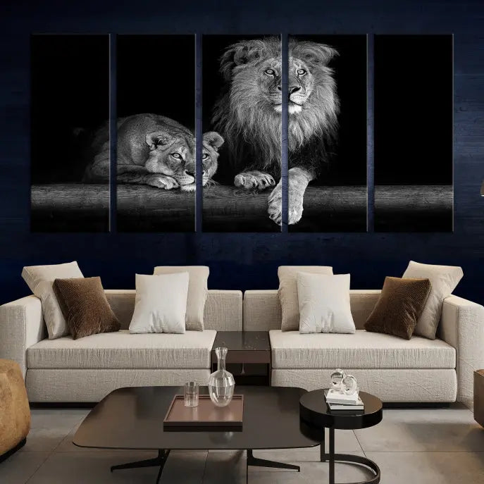 A triptych of the Black and White Lion Couple Wall Art Canvas Print hangs elegantly, showcasing museum-quality, hand-assembled framed art pieces. Enjoy free shipping on this stunning artwork.