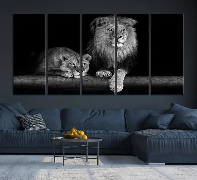 A triptych of the Black and White Lion Couple Wall Art Canvas Print hangs elegantly, showcasing museum-quality, hand-assembled framed art pieces. Enjoy free shipping on this stunning artwork.