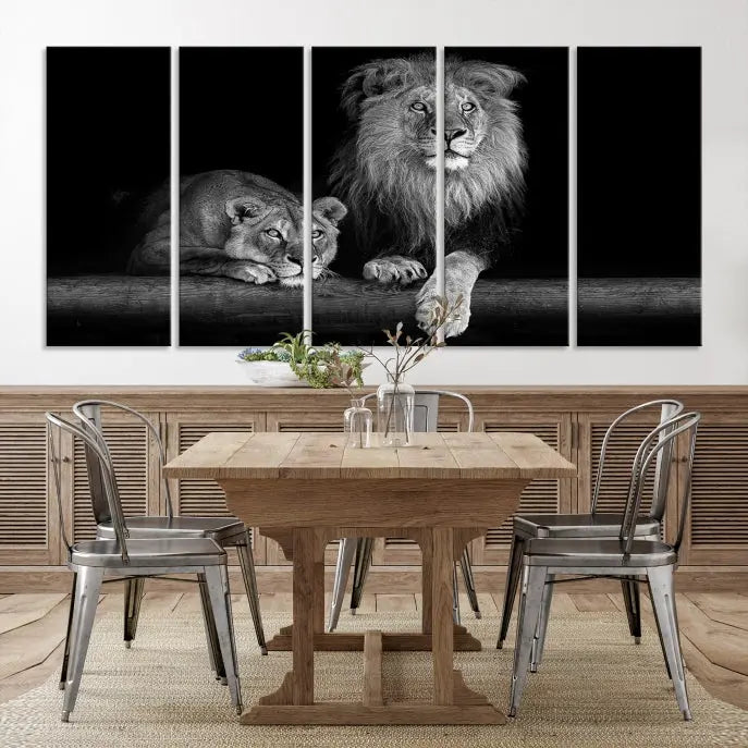 A triptych of the Black and White Lion Couple Wall Art Canvas Print hangs elegantly, showcasing museum-quality, hand-assembled framed art pieces. Enjoy free shipping on this stunning artwork.