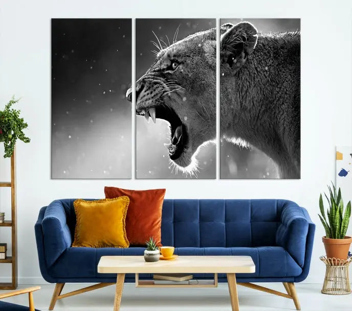 A stunning centerpiece for the living room, the Black and White Lioness Wall Art Canvas Print graces the wall.