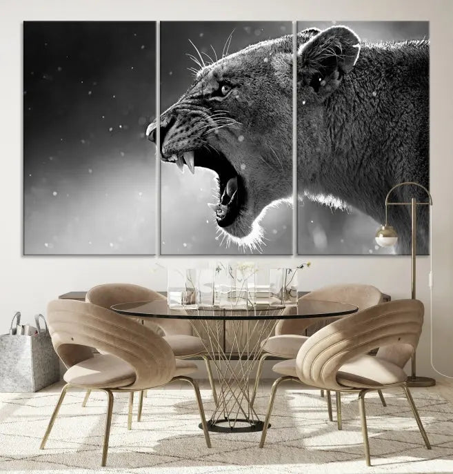 A stunning centerpiece for the living room, the Black and White Lioness Wall Art Canvas Print graces the wall.