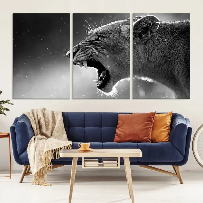 A stunning centerpiece for the living room, the Black and White Lioness Wall Art Canvas Print graces the wall.