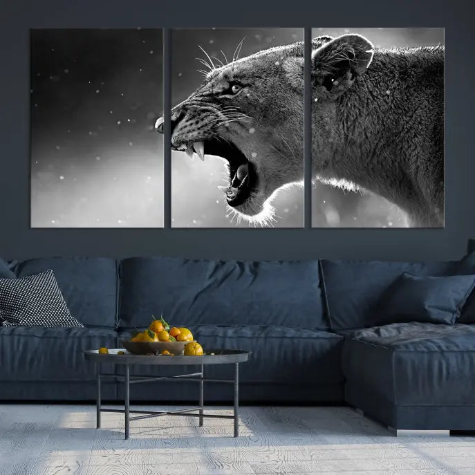 A stunning centerpiece for the living room, the Black and White Lioness Wall Art Canvas Print graces the wall.