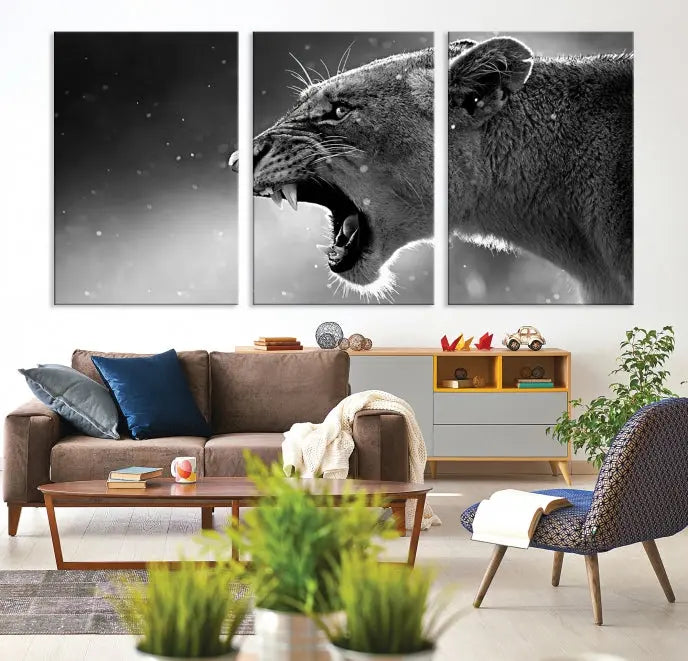 A stunning centerpiece for the living room, the Black and White Lioness Wall Art Canvas Print graces the wall.