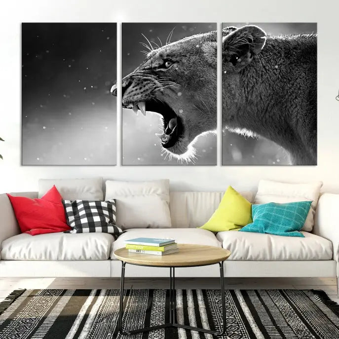 A stunning centerpiece for the living room, the Black and White Lioness Wall Art Canvas Print graces the wall.