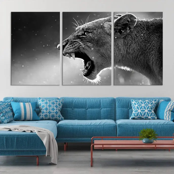 A stunning centerpiece for the living room, the Black and White Lioness Wall Art Canvas Print graces the wall.