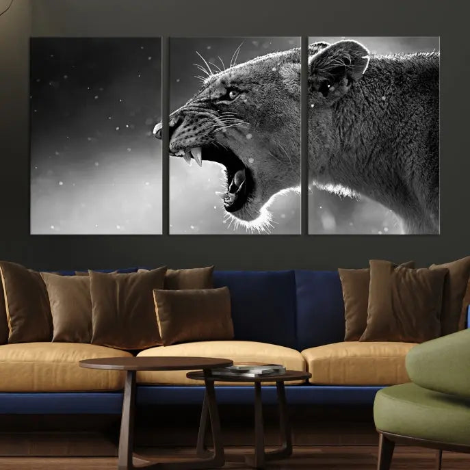 A stunning centerpiece for the living room, the Black and White Lioness Wall Art Canvas Print graces the wall.