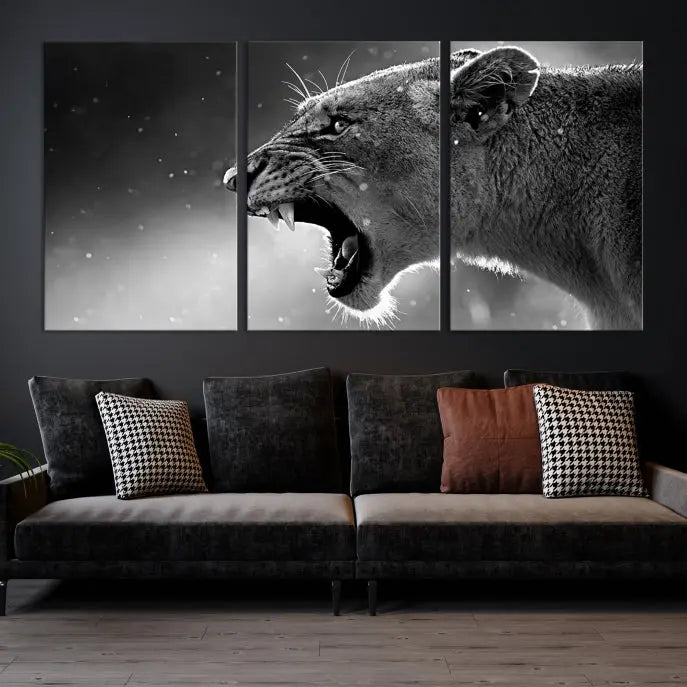 A stunning centerpiece for the living room, the Black and White Lioness Wall Art Canvas Print graces the wall.