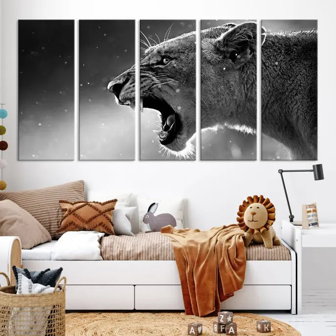 A stunning centerpiece for the living room, the Black and White Lioness Wall Art Canvas Print graces the wall.