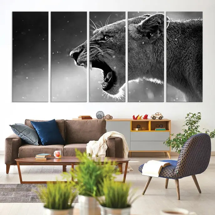 A stunning centerpiece for the living room, the Black and White Lioness Wall Art Canvas Print graces the wall.