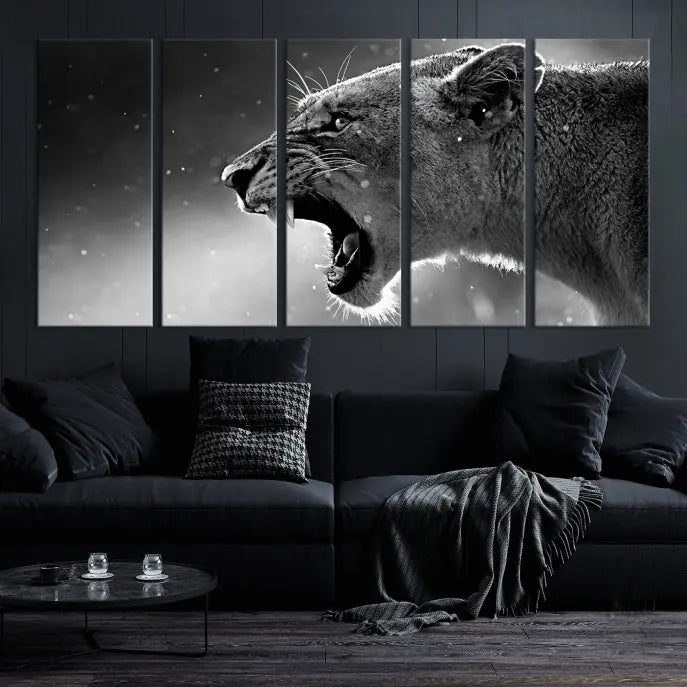 A stunning centerpiece for the living room, the Black and White Lioness Wall Art Canvas Print graces the wall.