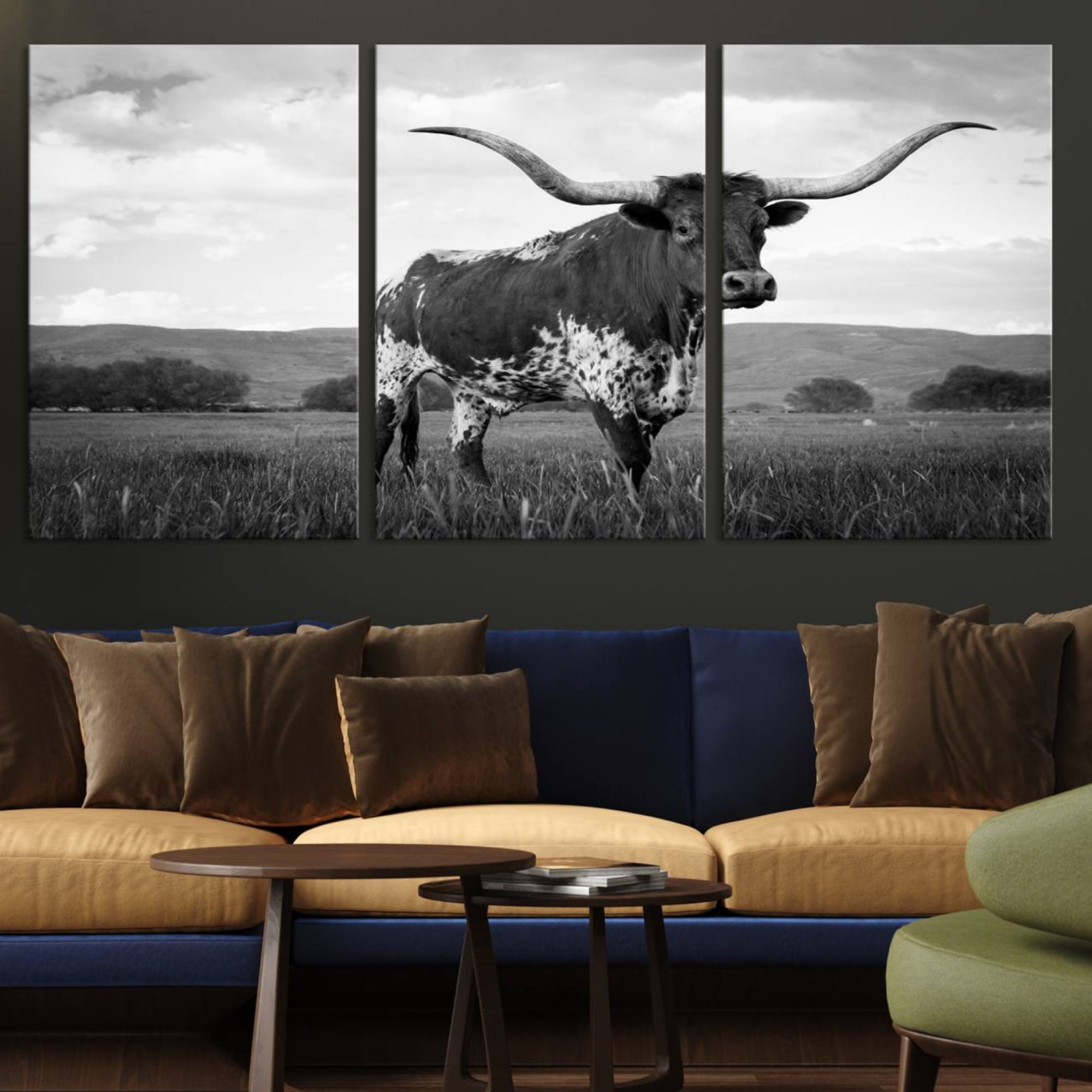 46976-MGV-CV-36X24-Black and White Longhorn Texas Cow Canvas Wall Art Print Animal Picture, Black and White Longhorn