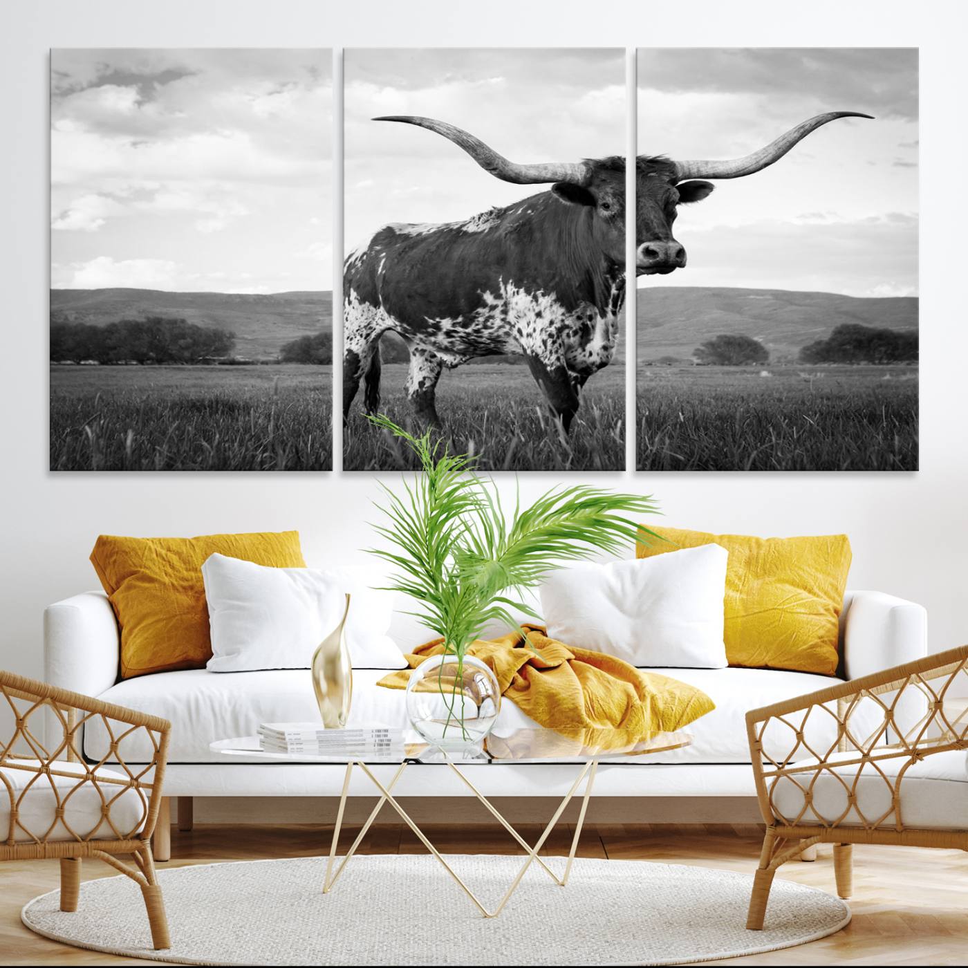 46976-MGV-CV-36X24-Black and White Longhorn Texas Cow Canvas Wall Art Print Animal Picture, Black and White Longhorn Canvas Print