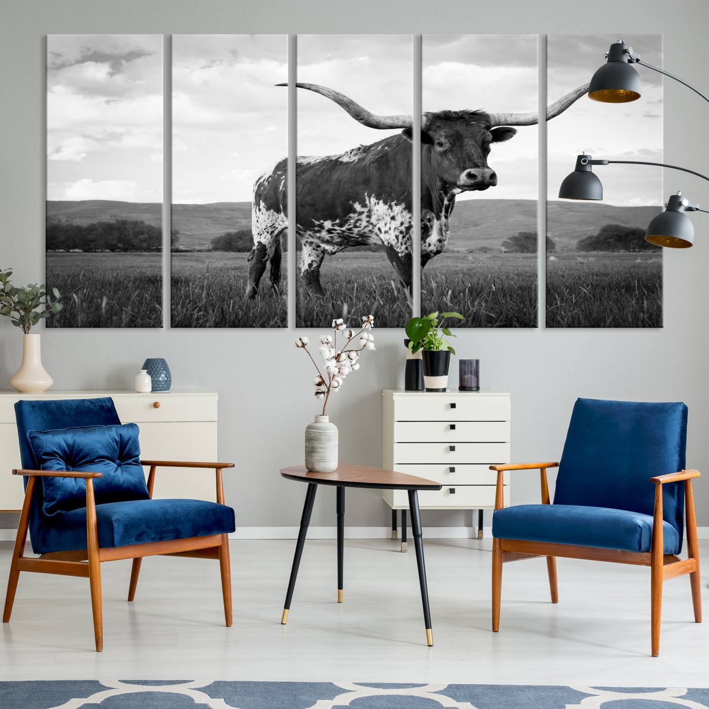 46976-MGV-CV-36X24-Black and White Longhorn Texas Cow Canvas Wall Art Print Animal Picture, Black and White Longhorn Canvas Print