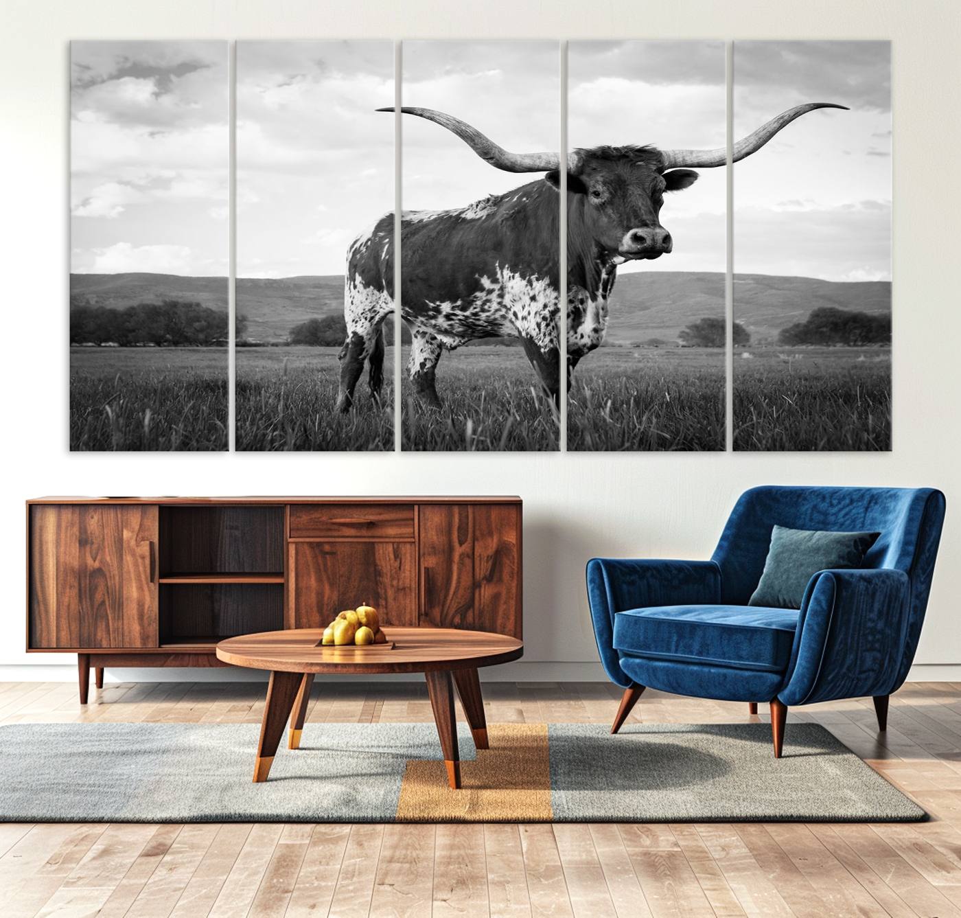 46976-MGV-CV-36X24-Black and White Longhorn Texas Cow Canvas Wall Art Print Animal Picture, Black and White Longhorn