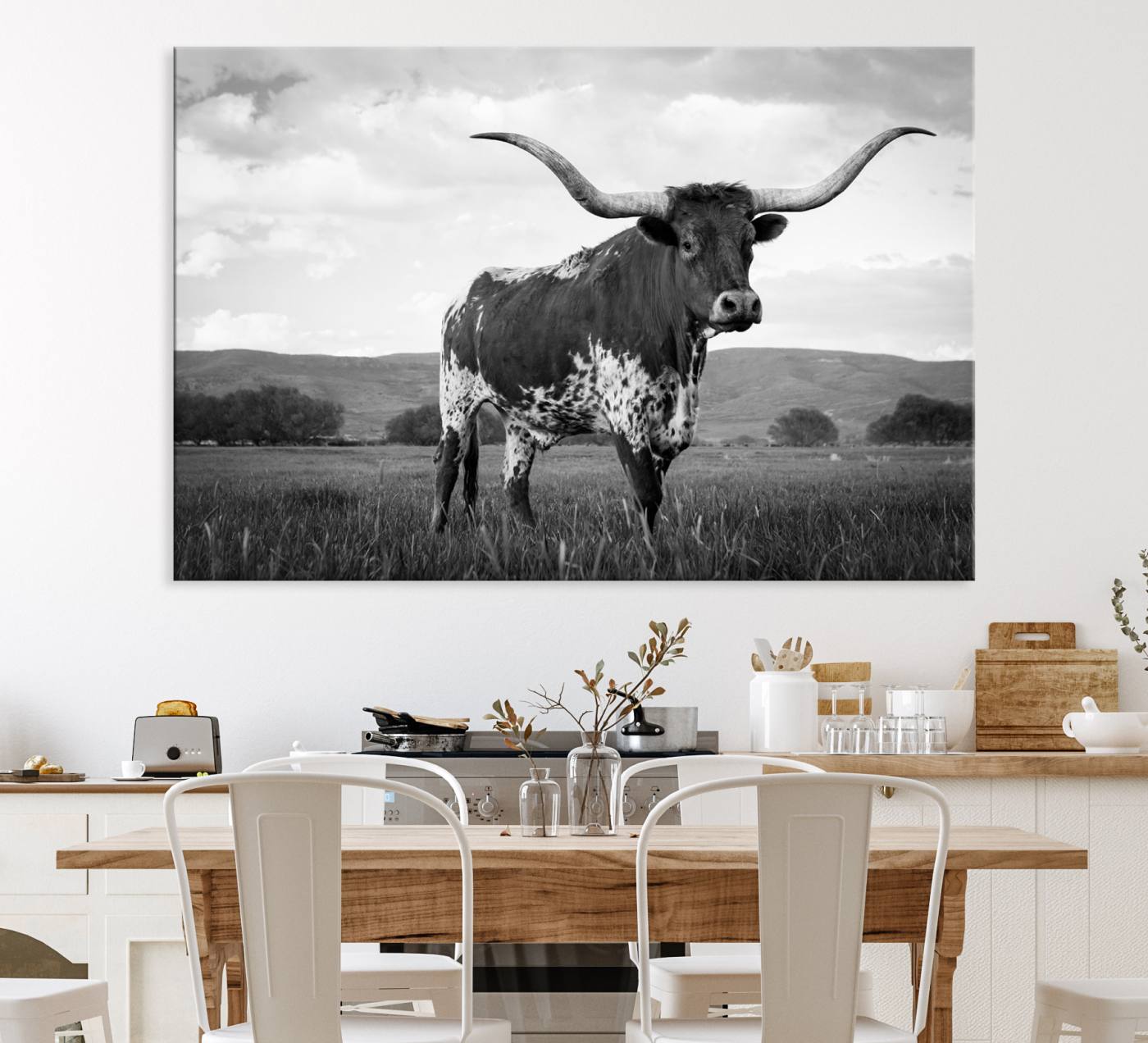 46976-MGV-CV-36X24-Black and White Longhorn Texas Cow Canvas Wall Art Print Animal Picture, Black and White Longhorn