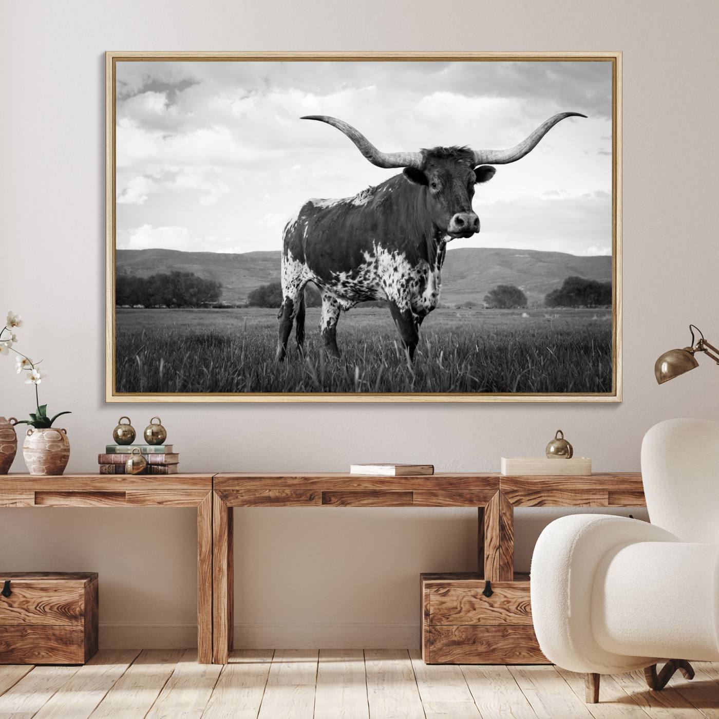 46976-MGV-FC-36X24_Natural-Black and White Longhorn Texas Cow Canvas Wall Art Print Animal Picture, Black and White Longhorn Canvas Print