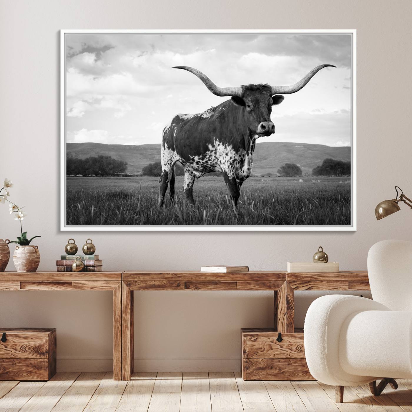 46976-MGV-FC-36X24_White-Black and White Longhorn Texas Cow Canvas Wall Art Print Animal Picture, Black and White Longhorn Canvas Print