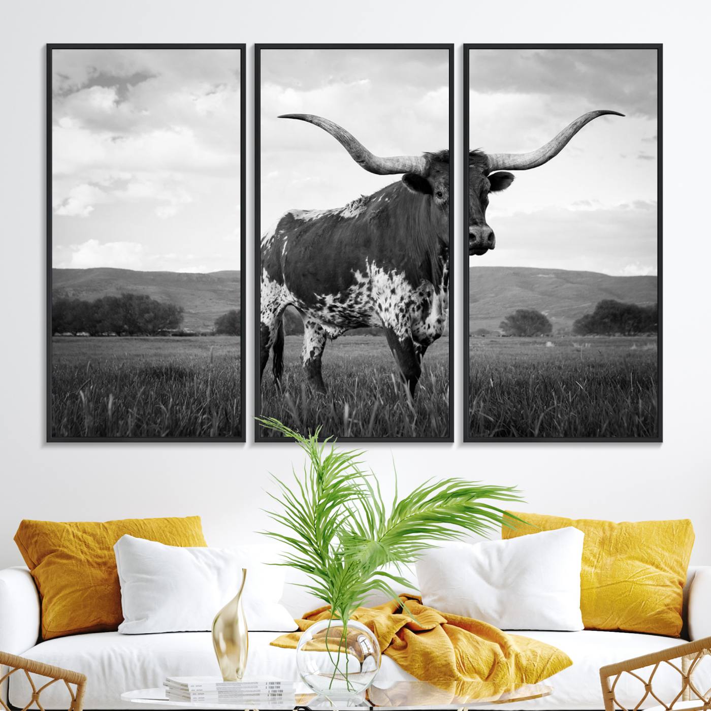 46976-MGV-FC-48X32-3P_Black-Black and White Longhorn Texas Cow Canvas Wall Art Print Animal Picture, Black and White Longhorn Canvas Print