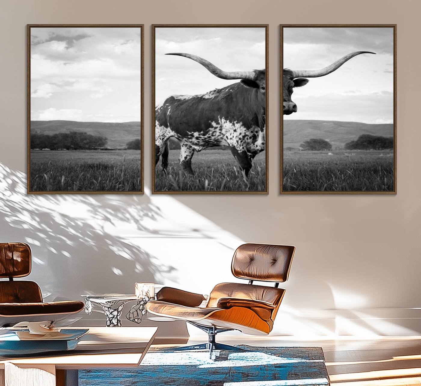 46976-MGV-FC-60X30-3P_Walnut-Black and White Longhorn Texas Cow Canvas Wall Art Print Animal Picture, Black and White Longhorn