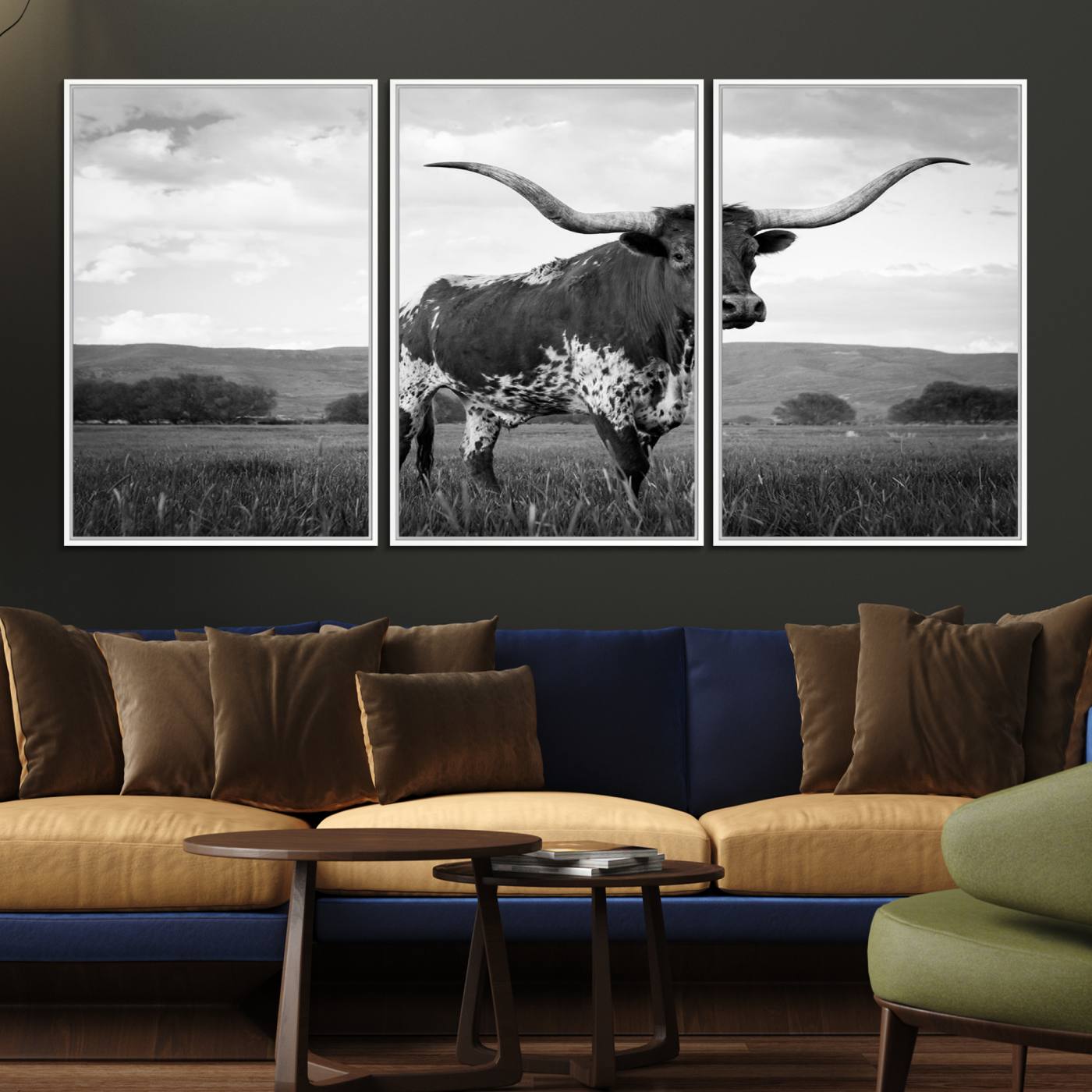 46976-MGV-FC-60X30-3P_White-Black and White Longhorn Texas Cow Canvas Wall Art Print Animal Picture, Black and White Longhorn Canvas Print