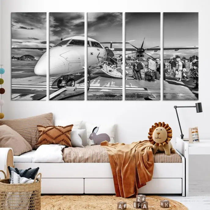 Introducing the Black and White Narrow Body Aircraft Wall Art Canvas Print: This striking three-panel canvas features a timeless black-and-white depiction of people boarding a propeller airplane. Printed on museum-quality canvas, each piece is UV-protected to maintain its vibrancy. These prints are ready to hang, making it easy to display them with ease.