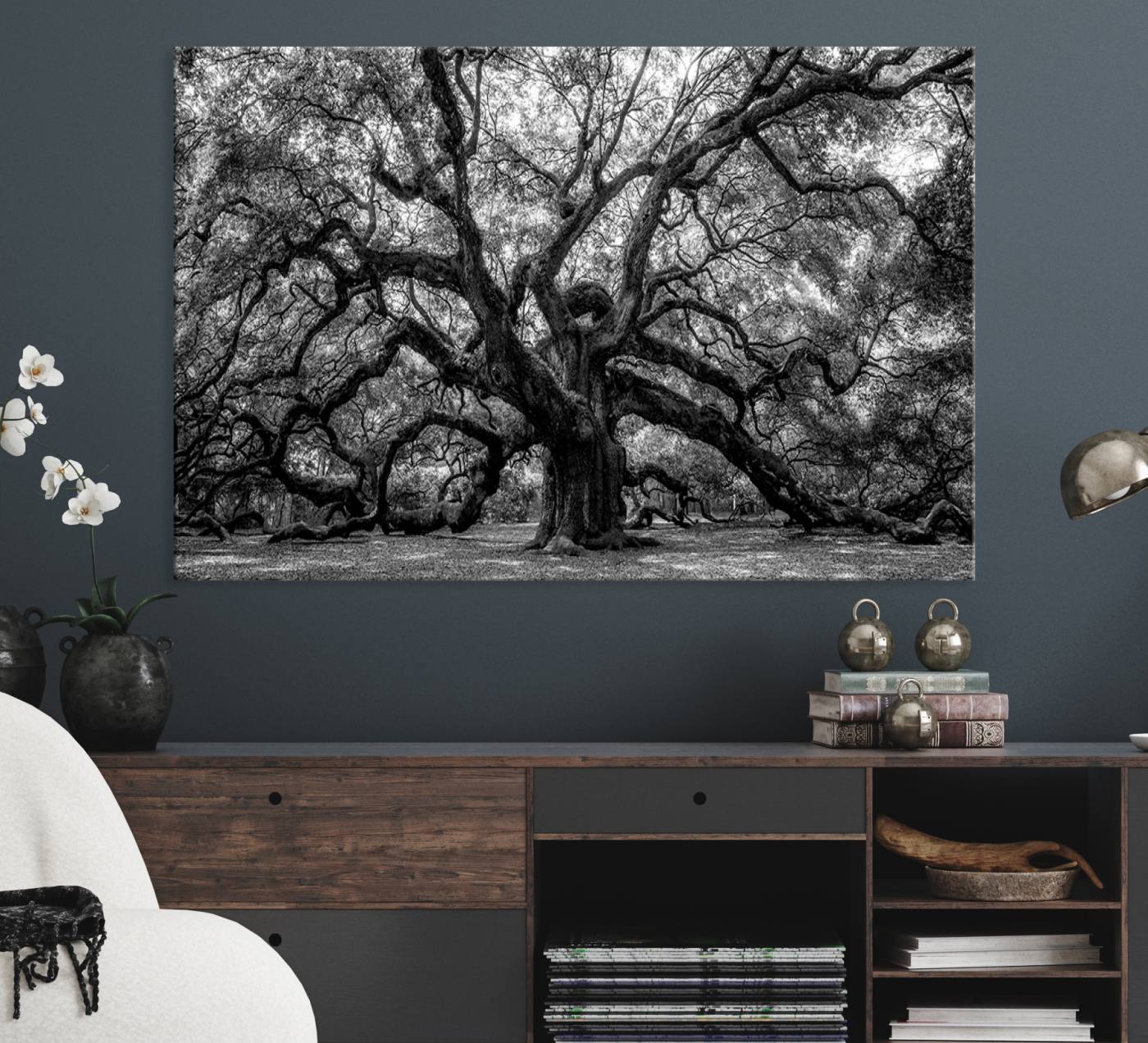 132944706-MGV-CV-36X24-Black and White Old Angel Oak Tree Wall Art Canvas Print