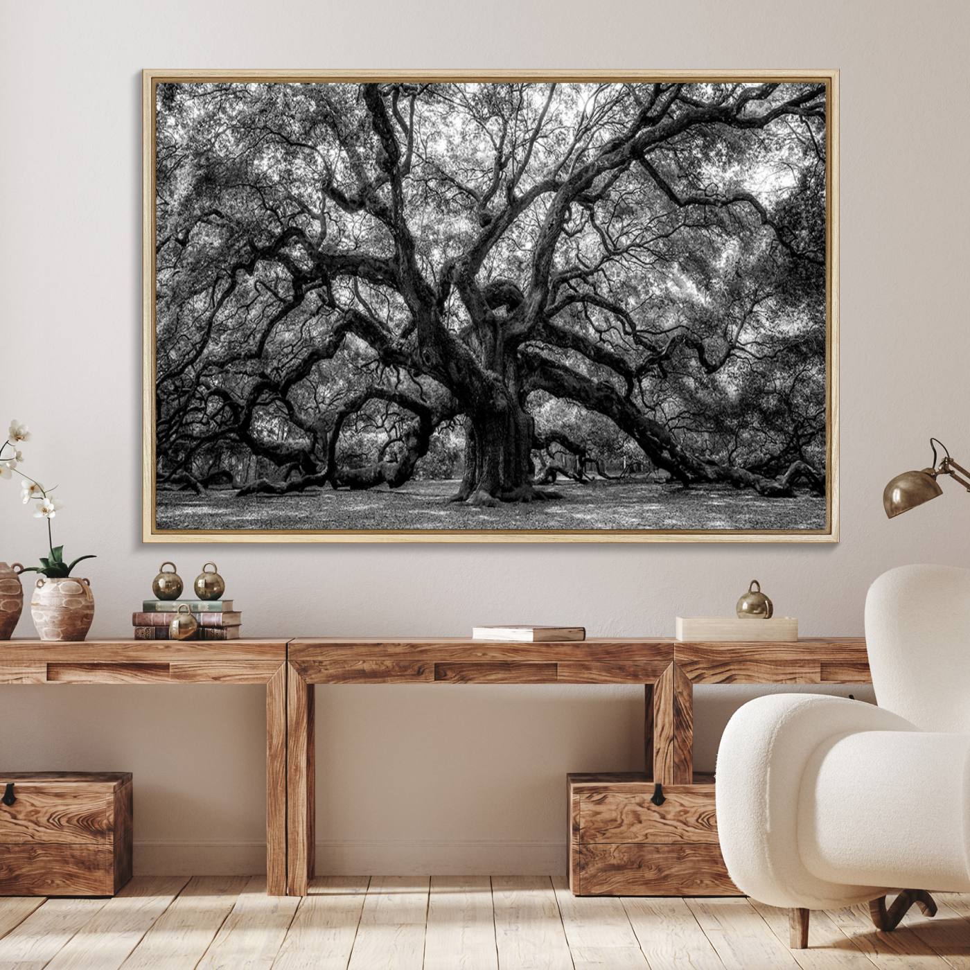 Black and White Old Angel Oak Tree Wall Art Canvas Print