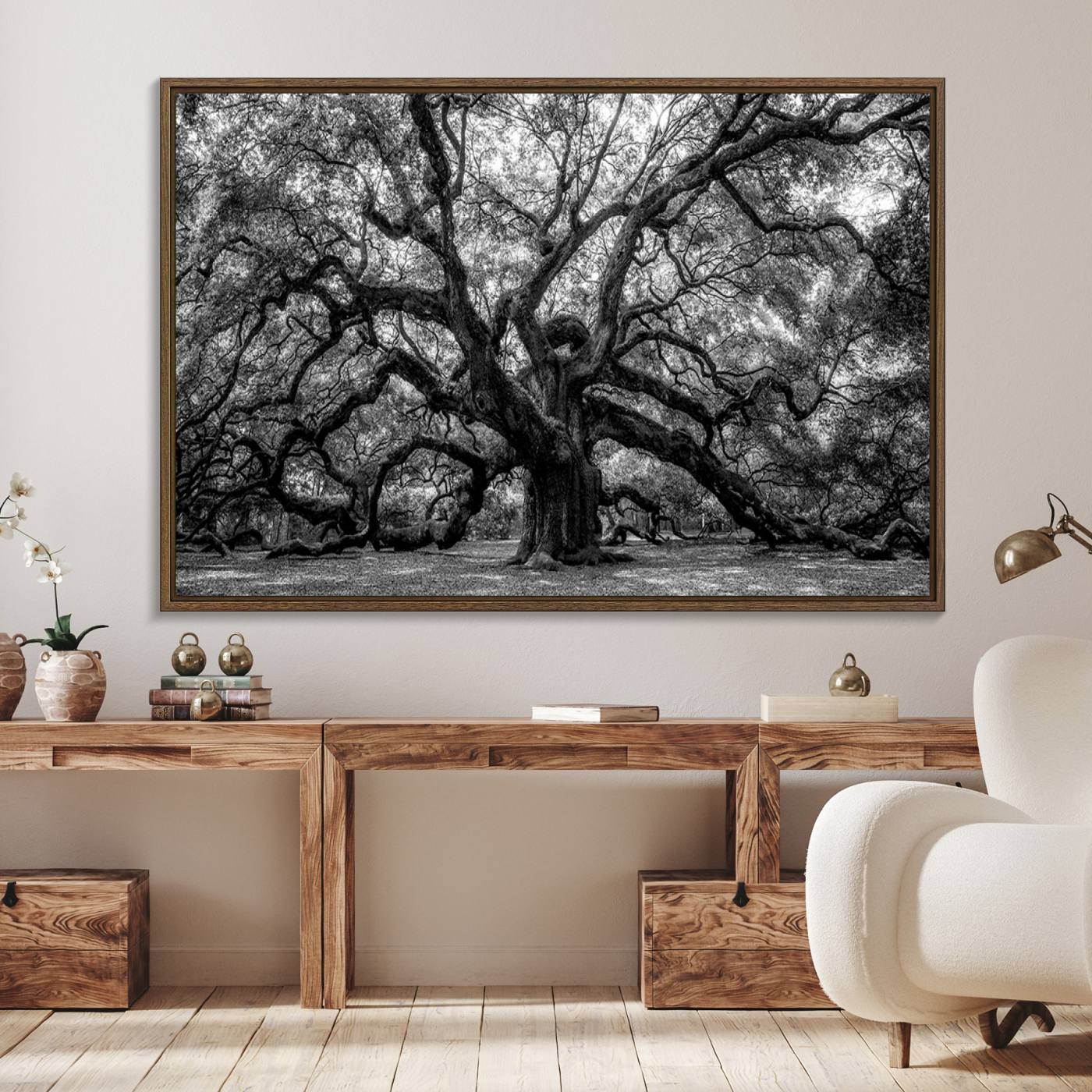 Black and White Old Angel Oak Tree Wall Art Canvas Print