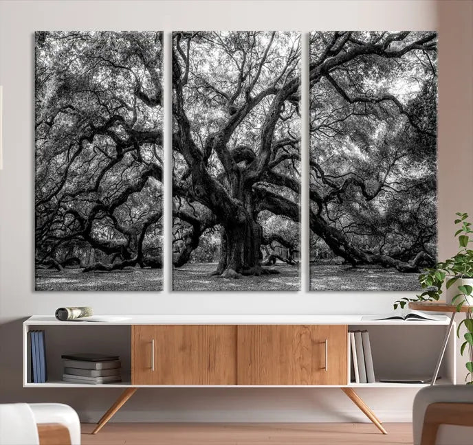 The living room features the Black and White Old Angel Oak Tree Wall Art Canvas Print, showcasing a three-panel black and white tree artwork.