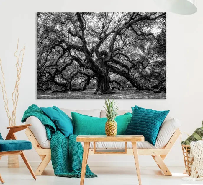 The living room features the Black and White Old Angel Oak Tree Wall Art Canvas Print, showcasing a three-panel black and white tree artwork.