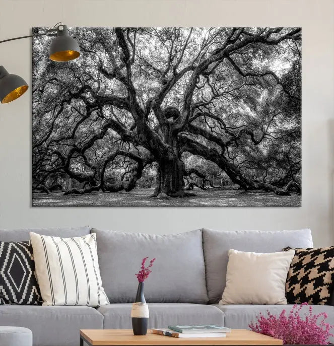 The living room features the Black and White Old Angel Oak Tree Wall Art Canvas Print, showcasing a three-panel black and white tree artwork.