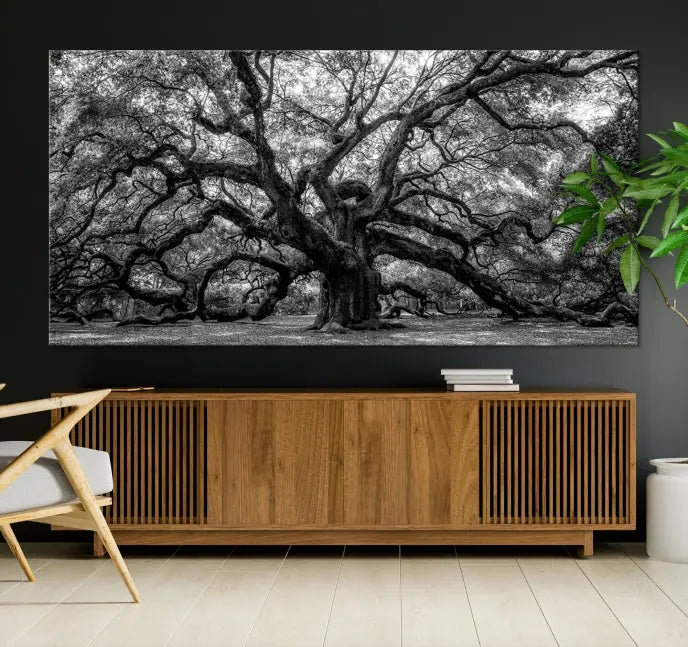 The living room features the Black and White Old Angel Oak Tree Wall Art Canvas Print, showcasing a three-panel black and white tree artwork.