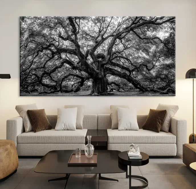 The living room features the Black and White Old Angel Oak Tree Wall Art Canvas Print, showcasing a three-panel black and white tree artwork.