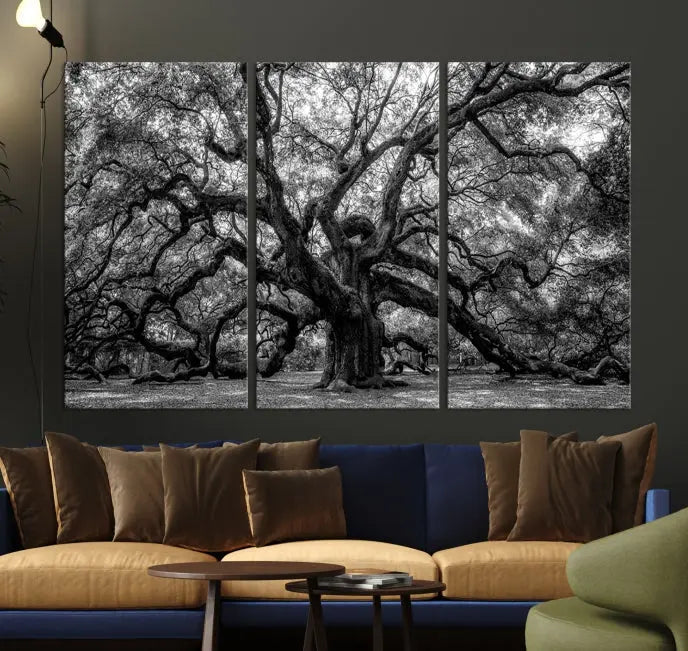 The living room features the Black and White Old Angel Oak Tree Wall Art Canvas Print, showcasing a three-panel black and white tree artwork.