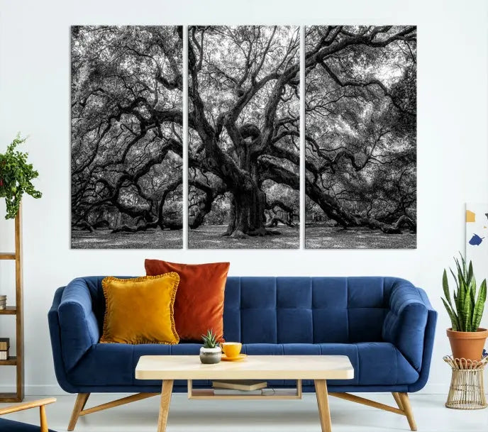 The living room features the Black and White Old Angel Oak Tree Wall Art Canvas Print, showcasing a three-panel black and white tree artwork.