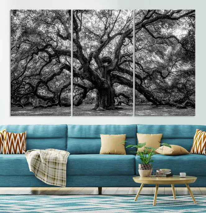 The living room features the Black and White Old Angel Oak Tree Wall Art Canvas Print, showcasing a three-panel black and white tree artwork.