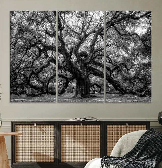 The living room features the Black and White Old Angel Oak Tree Wall Art Canvas Print, showcasing a three-panel black and white tree artwork.