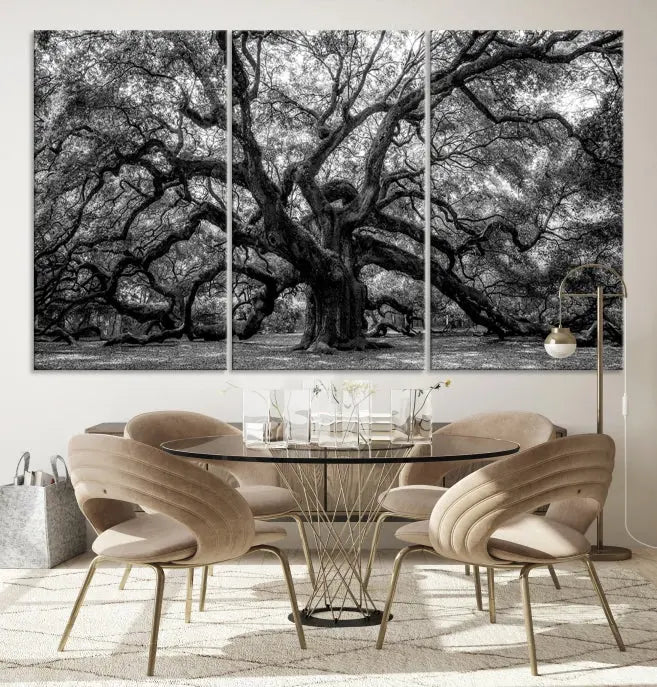 The living room features the Black and White Old Angel Oak Tree Wall Art Canvas Print, showcasing a three-panel black and white tree artwork.